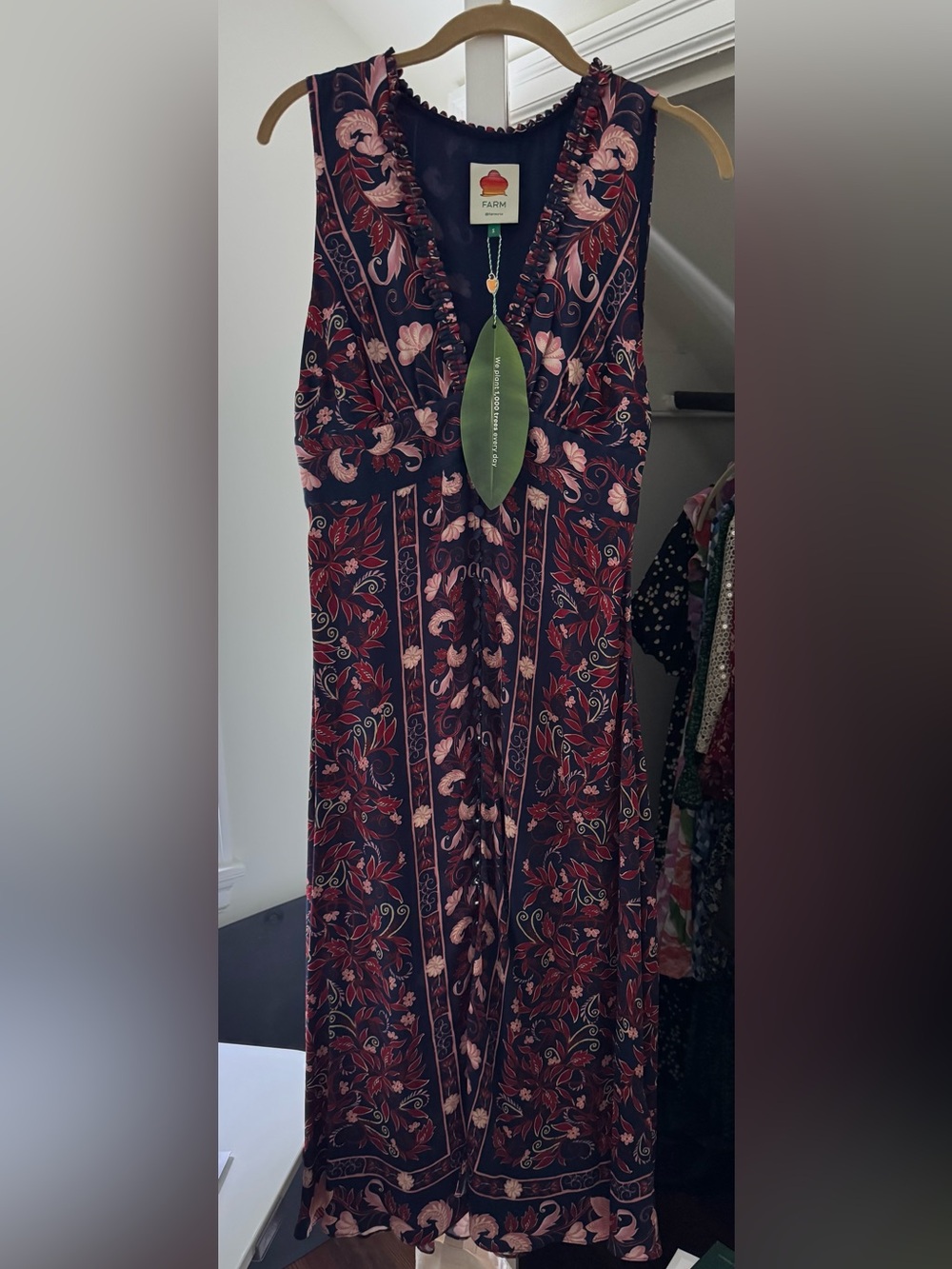 FARM rio Floral Ruched Midi Dress in Navy and Burgundy and Pink